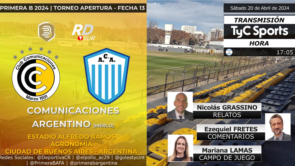 #PrimeraB Apertura 2024 🇦🇷 #Comunicaciones vs #ArgentinoDeMerlo 🎙️ Relatos: @NicoGrassino 🎙️ Comentarios: Ezequiel Fretes 🎙️ Campo de Juego: @MarianaLamas 📺 TV: @TyCSports 🇦🇷 💻📱 @TyCSportsPlay 🇦🇷 #️⃣ #PrimeraBEnTyCSports