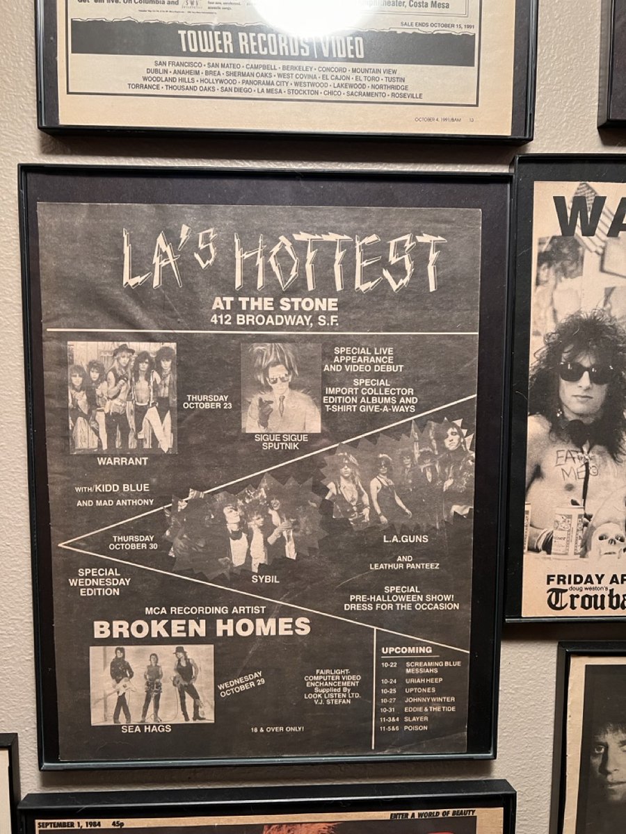 Framed shit in my house.... an ad for concerts at The Stone in SF: a pre-signed #Warrant, #LAGuns, and #SeaHags. #hairmetal #janilane