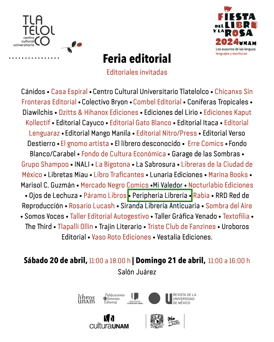 peripherialivro's tweet photo. Este fin de semana es Día del Libro y estaremos junto a otros 56 proyectos de todo México en la Fiesta del Libro y la 🌹, en el @ccutlatelolco. Ahí nos vemos, y no se olviden de revisar el programa cultural completo.
#Ecatepec #ecatepeclector #FiestadelLibroylaRosa https://t.co/u1YmGaxKdS