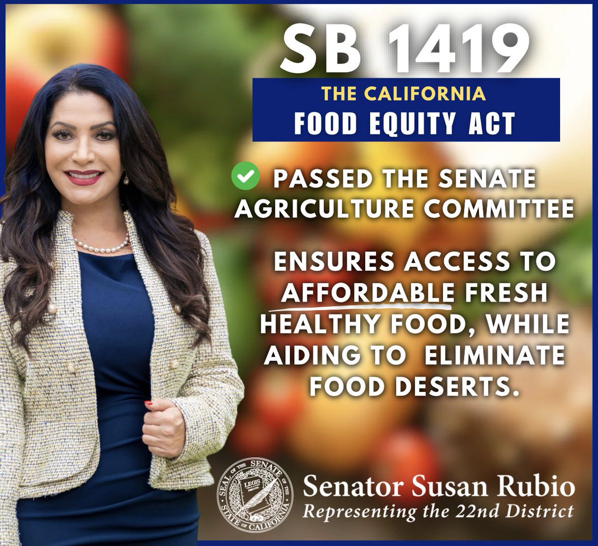 My bill #SB1419 -#TheCaliforniaFoodEquityAct, passed the Senate Agriculture Committee. The bill aims to provide all Californians with access to healthy food, eliminate food deserts, and improve the #affordability and availability of fresh groceries in underserved areas. #CAleg