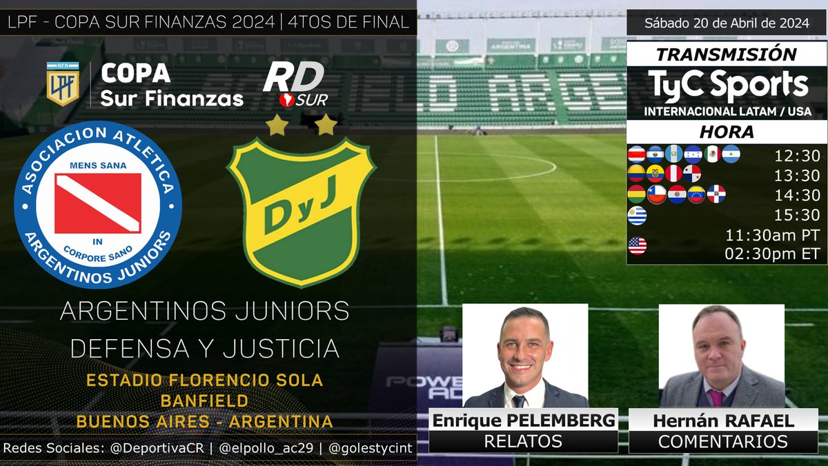 #LPF #CopaSurFinanzas 2024 🇦🇷 #ArgentinosJuniors vs #DefensaYJusticia 🎙️ Relatos: @epelemberg 🎙️ Comentarios: Hernán Rafael 📺 TV: @TyCSports Internacional (Latinoamérica / 🇺🇲) #️⃣ #TyCSportsInternacional