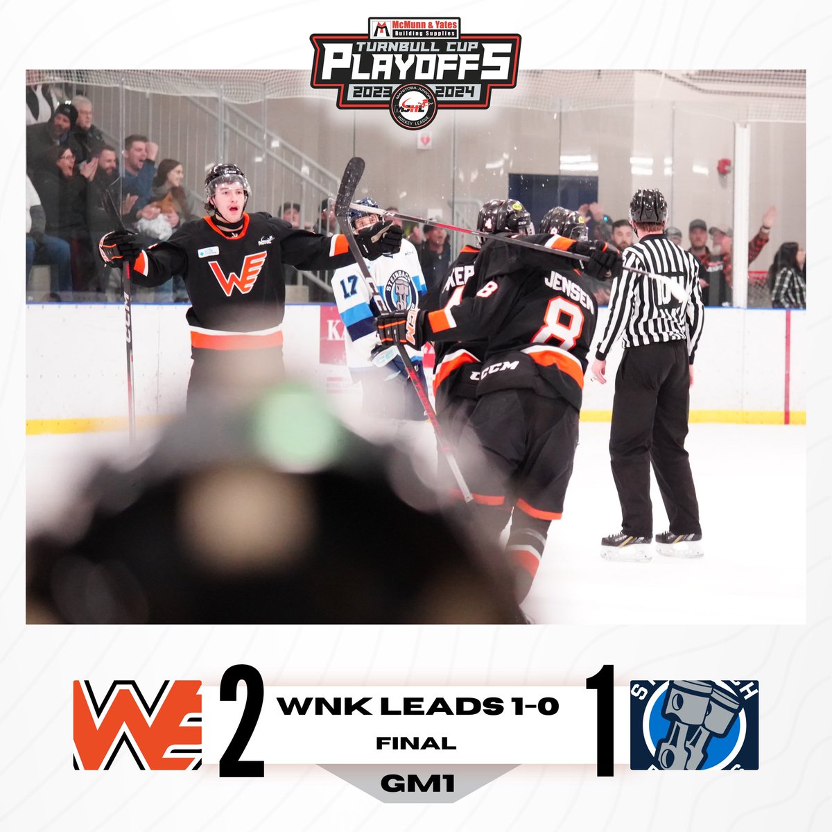 Malachi Klassen stands tall in net while Isaiah Peters & Trent Penner added singles to help the @winklerflyers take a 1-0 series lead over the @MJHLPistons on Friday night. 📸 @IceWaveMediaMB @McMunnandYates #TurnbullCupFinal