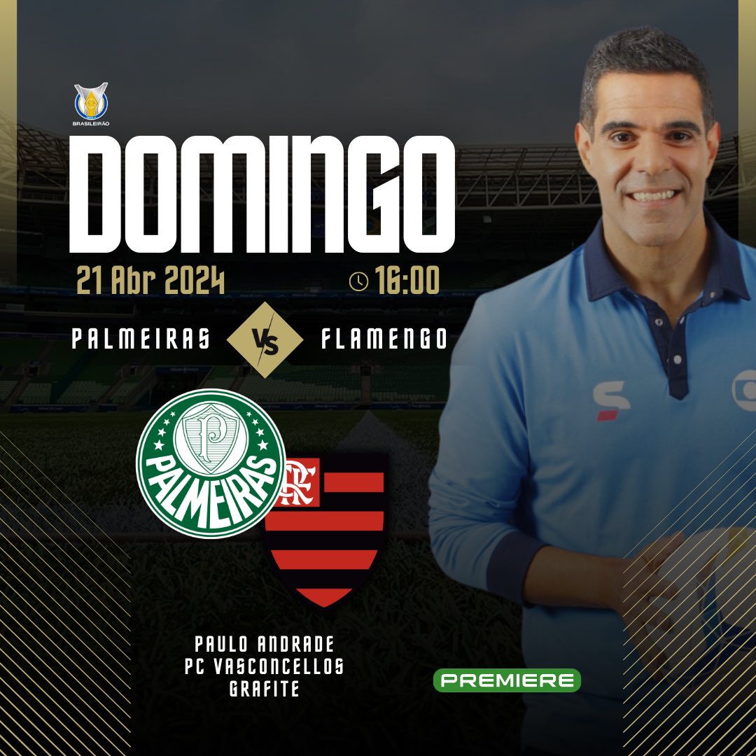 Neste domingo estarei no gigantesco PALMEIRAS x FLAMENGO, a partir de 15h30, ao vivo no @canalpremiere. Me acompanham os craques PC Vasconcellos e @Graffa23. Vamos juntos! Brasileirão 2024.