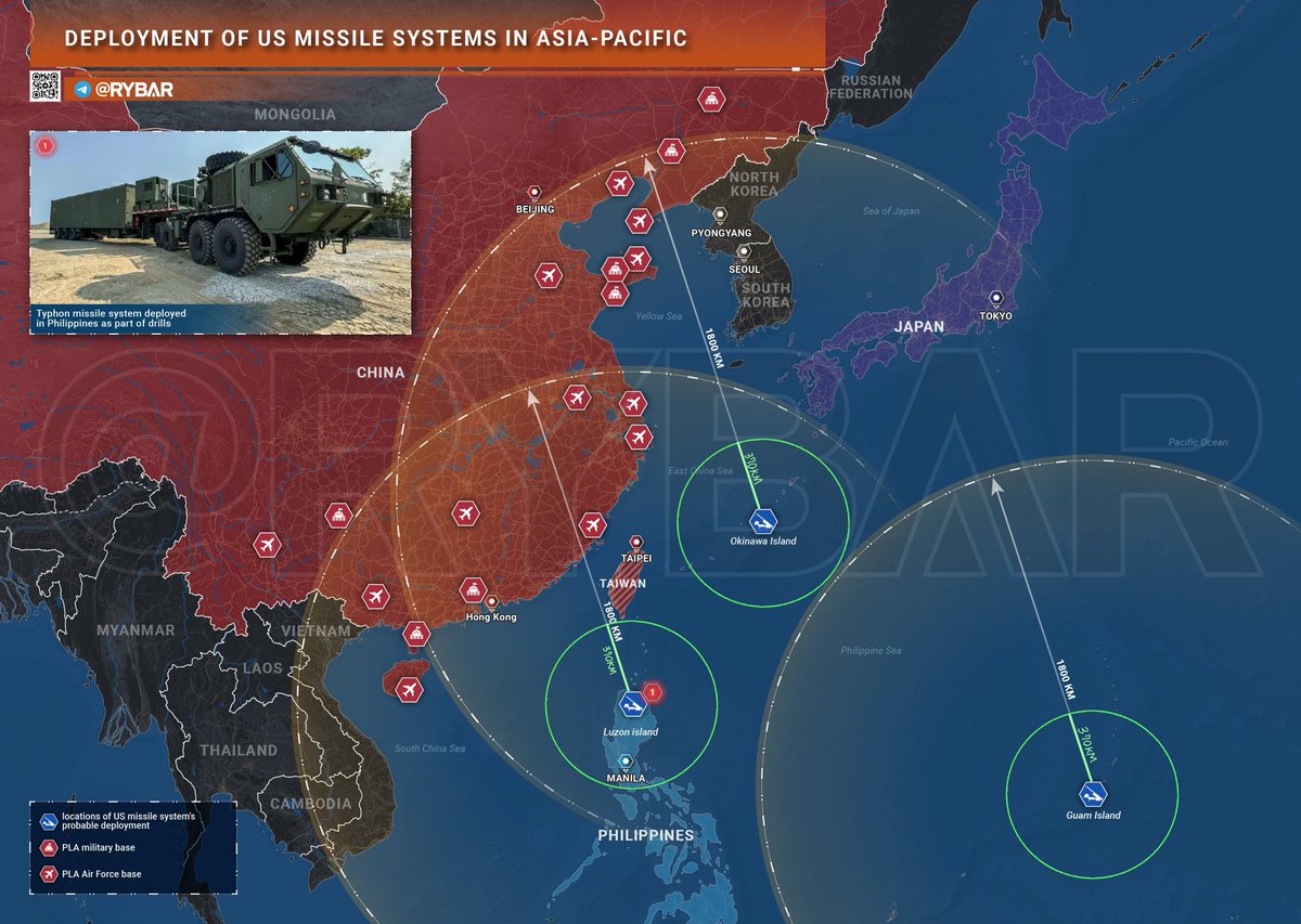 RYBAR氏作成の地図にSM-6の射程(おおよそで、実際はこれ以上)を加筆(緑)

タイフォンシステムを沖縄、フィリピン、グアムに配置した場合のトマホークの射程圏とSM-6の攻撃範囲(対地対艦)

ここに12SSM改やブラモスが加わる。