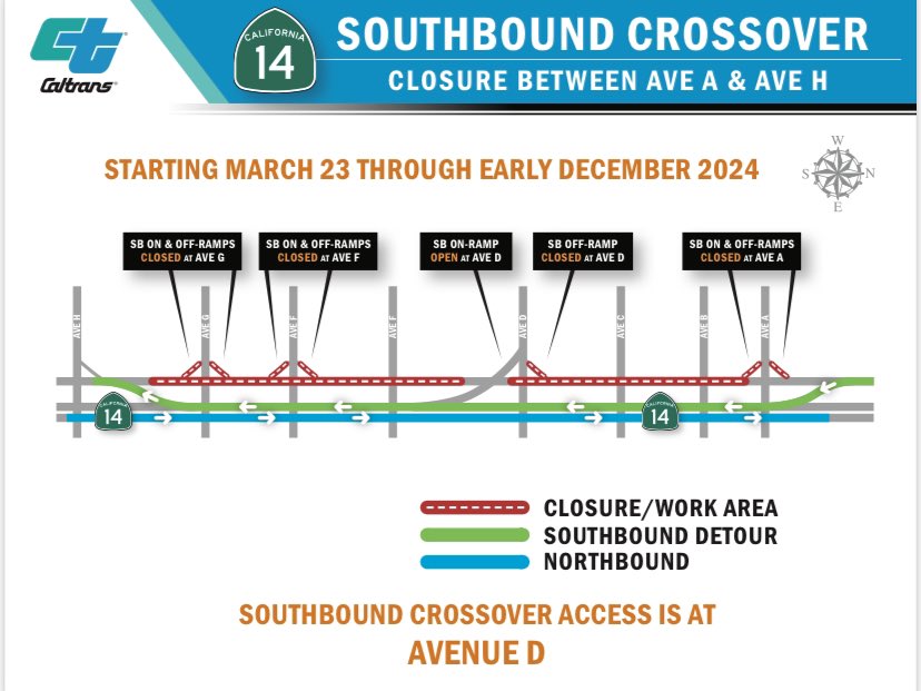 HEADS UP‼️@CaltransDist7 
🚧FULL Freeway Closure🚧 4/19/2024  SR-14  SB Ave L - Ave N & NB Ave F - Ave A; k-rail & paving work 8pm- 6am Quickmap.dot.ca.gov Detours are posted.@avpressnews @cityoflancaster @AVFairgrounds @PalmdaleCity @waze @googlemaps #BeWorkZoneAlert