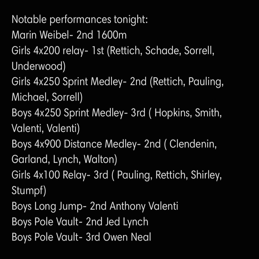 Great Night for our HS track teams at a big Troy Relays meet! The girls were 3rd overall and the boys 5th overall *Athletes of the Meet Morgan Michael & Kaleb Lynch ** Results pulled from FinishTiming