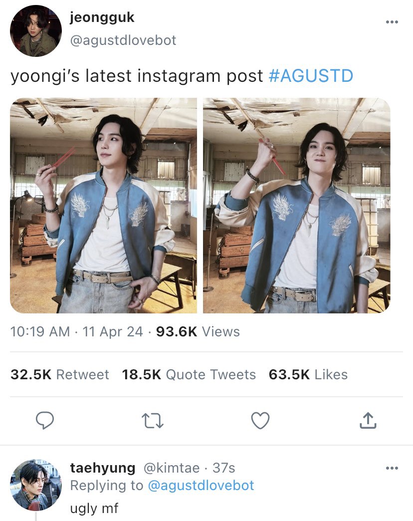 JEONBYULS's tweet photo. #taekookau where taehyung likes to argue with people on twitter for fun 

and jeongguk, a die-hard agust d stan, would do anything to defend his idol. https://t.co/RnmHpBLyXX