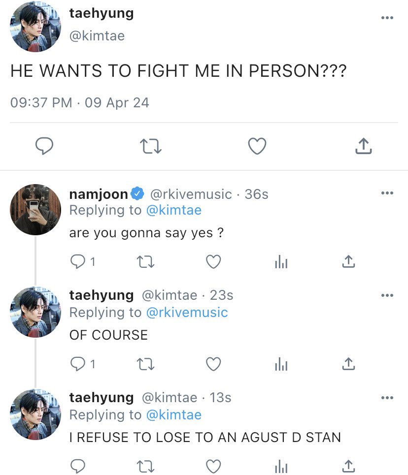 JEONBYULS's tweet photo. #taekookau where taehyung likes to argue with people on twitter for fun 

and jeongguk, a die-hard agust d stan, would do anything to defend his idol. https://t.co/RnmHpBLyXX