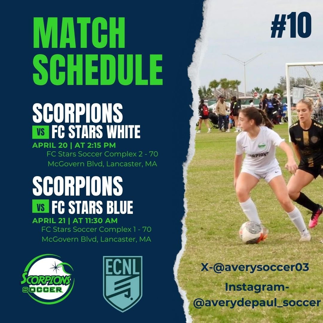 Excited for our ECNL league games this weekend!!

<a href="/ScorpionsSoccer/">Scorpions Soccer Club</a> 
<a href="/ECNLgirls/">ECNL Girls</a> 
<a href="/ImCollegeSoccer/">College Soccer Truth ™</a> 
<a href="/ImYouthSoccer/">ECNL/GA/Recruiting/College Soccer</a> 
@SoccerMomInt