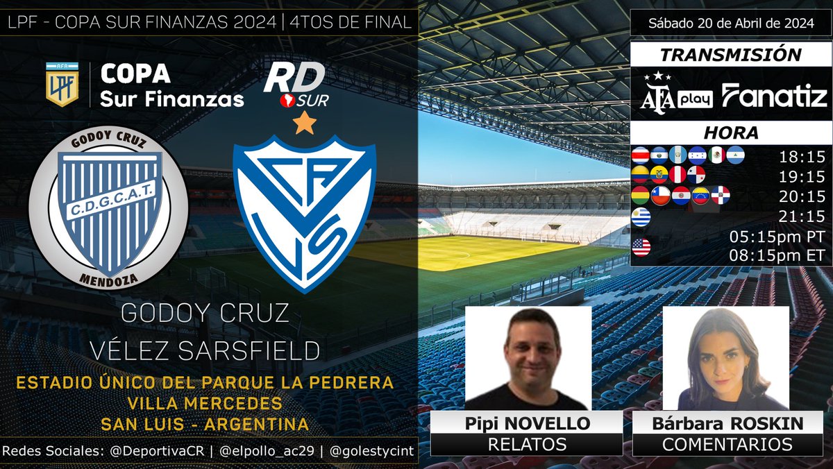 #LPF #CopaSurFinanzas 2024 🇦🇷 #GodoyCruz vs #Vélez 🎙️ Relatos: @pipinovellook 🎙️ Comentarios: @barbiroskin 📺💻📱 @afa_play by @Fanatiztv #️⃣ #AFAPlay #Fanatiz