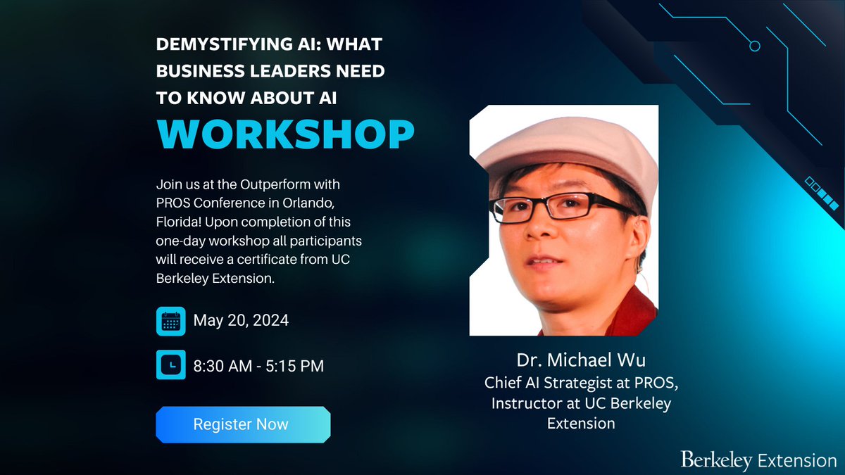 We are excited about this one-day workshop at the #OutperformwithPROS Conference in Orlando, Fla., led by PROS chief AI strategist and our instructor, Dr. Michael Wu. Register here: bit.ly/3JrMPnz #ArtificialIntelligence #AI #Workshop