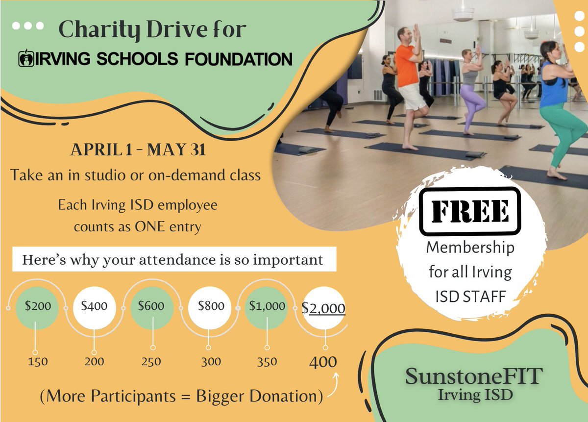 👋 Hey @IrvingISD STAFF, don’t miss this! 👀 Take ONE class at @sunstonelcvp - either in-person or online, and help maximize their donation to Irving Schools Foundation! 🫶 🔗 Activate your *FREE* membership and get started today! (IISD STAFF only)👇 docs.google.com/forms/d/e/1FAI…