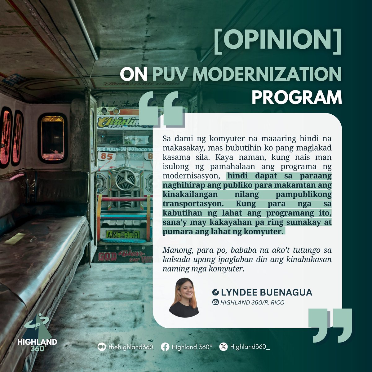 highland360_'s tweet photo. Manong, para po, bababa na ako’t tutungo sa kalsada

Halos dalawang linggo na lang at kailangan na ng mga tsuper mag-consolidate para maisakatuparan ang programang modernisasyon ng mga dyip.

BASAHIN DITO: https://t.co/petg4R7mmx

#Highland360 #Opinion #PUVModernization #Baguio https://t.co/8KCdHml65M