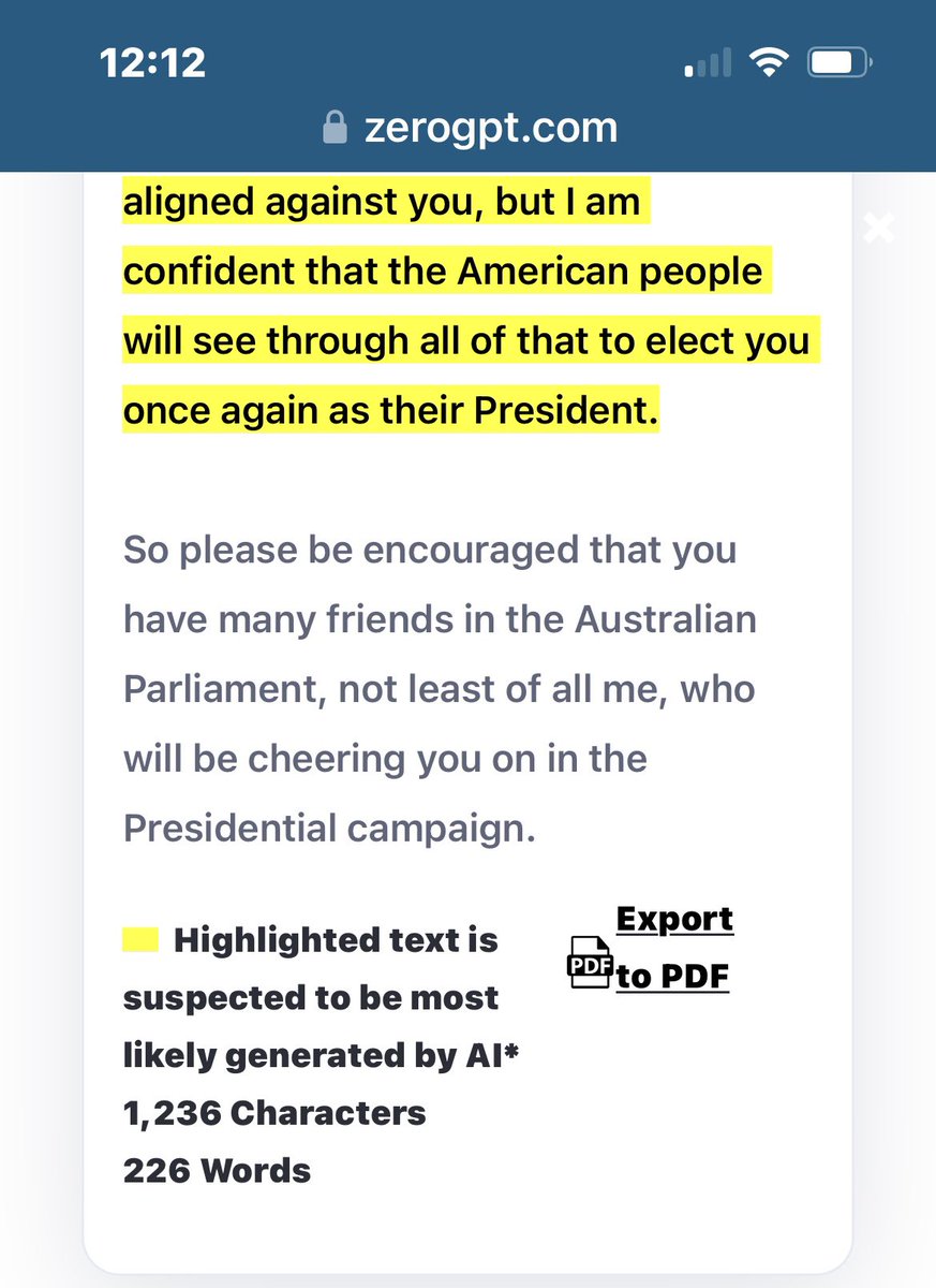 I found @senatorbabet used AI to write his Easter message. And, with his promise of more long-form commentary, I thought I’d check if any other missives from Babet suggest AI authorship. So, I ran his 9/23 letter to Trump through the ZeroGPT checker. It shows 86% AI generated.