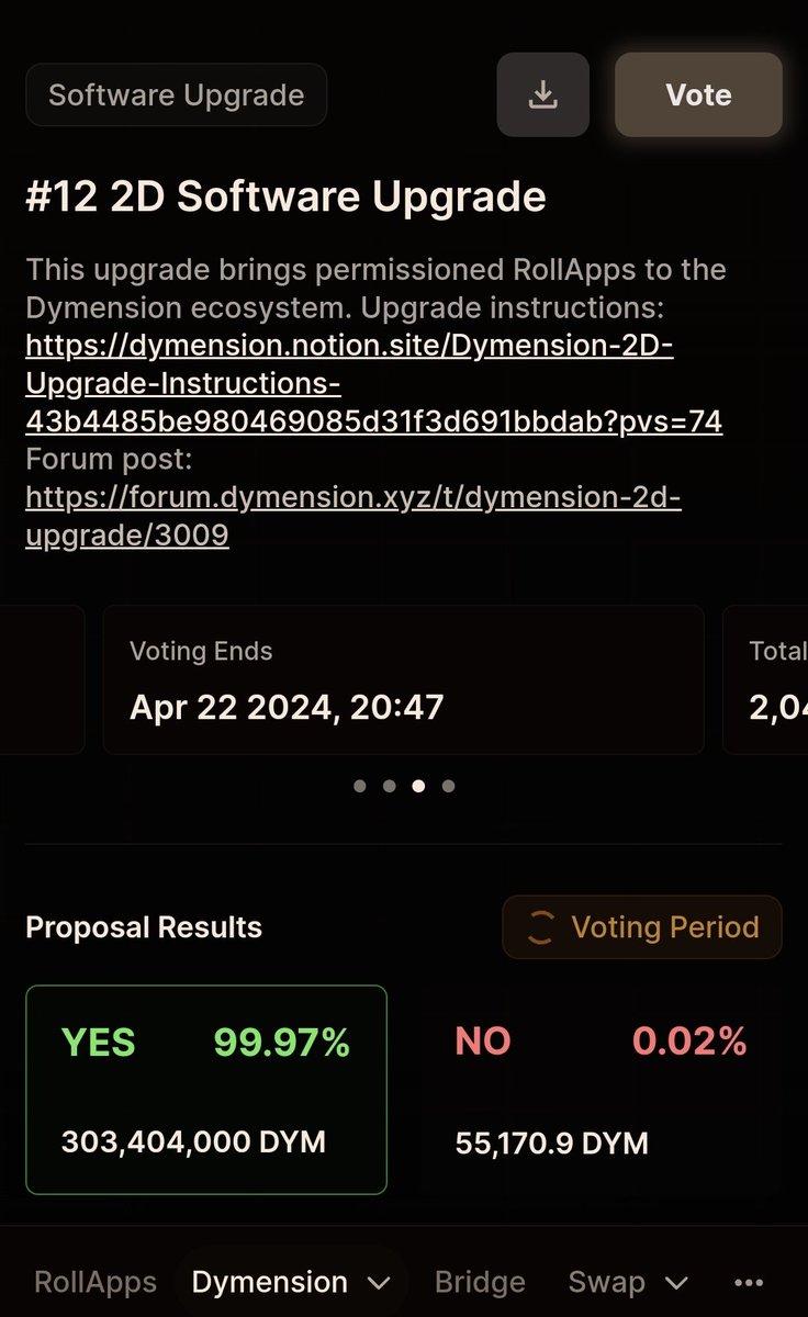 UPDATE: 2D to go for the 2D Software Upgrade proposal to pass on @dymension chain. Once it's passed, We will see RollApps go live on dymension in no time. Good luck to all RollApp deployment teams / projects. $DYM $TIA $ATOM $OSMO