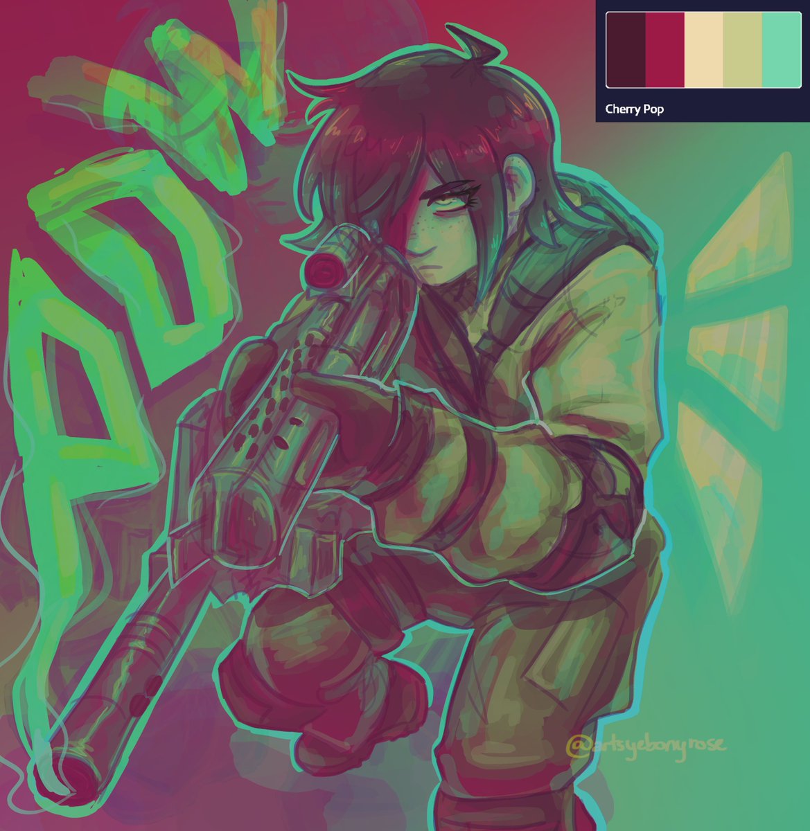 artsyebonyrose's tweet image. POW💥💥
(mukuro in cherry pop)
#danganronpa #mukuroikusaba #palettechallenge