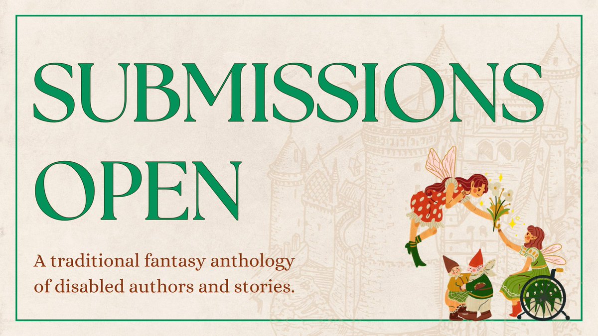 ellatholmes's tweet photo. SUBMISSIONS for the Disability in Fantasy anthology are OPEN! 💖 We want your fantasy fiction🫵
Click here to see submissions guidelines, info on the theme, eligibility, payment, donations, and more: https://t.co/X9cJYI1wJs https://t.co/81ieblj1Ol