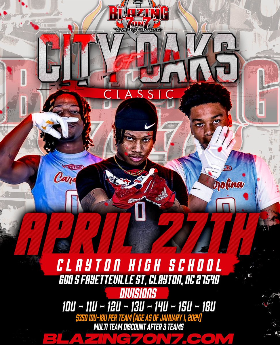 📣 Don't miss the inaugural City of Oaks Classics in Raleigh-Durham, presented by @Blazing7on7! Join top East Coast teams for this groundbreaking one-day 7v7 tournament. Register your team below! 🏈 #CityOfOaksClassic #7v7 #Blazin7on7Football #Raleigh #Durham
