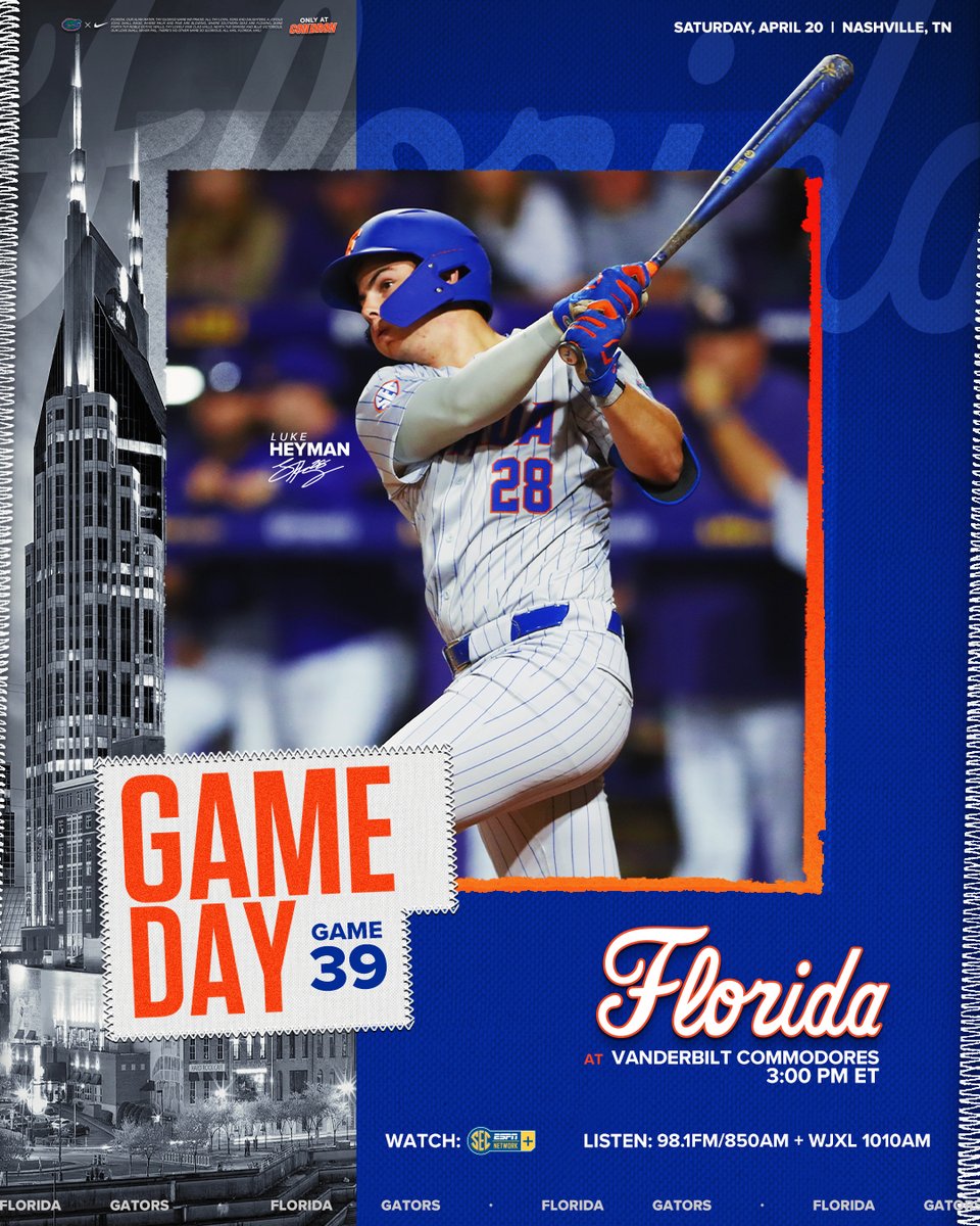 Series finale in Music City. 🆚: No. 13 Vanderbilt 📍: Nashville, Tenn. ⏰: 3 p.m. ET 📺: tinyurl.com/385bxtff 📻: tinyurl.com/4saydyte 📊: tinyurl.com/bdddferc #GoGators