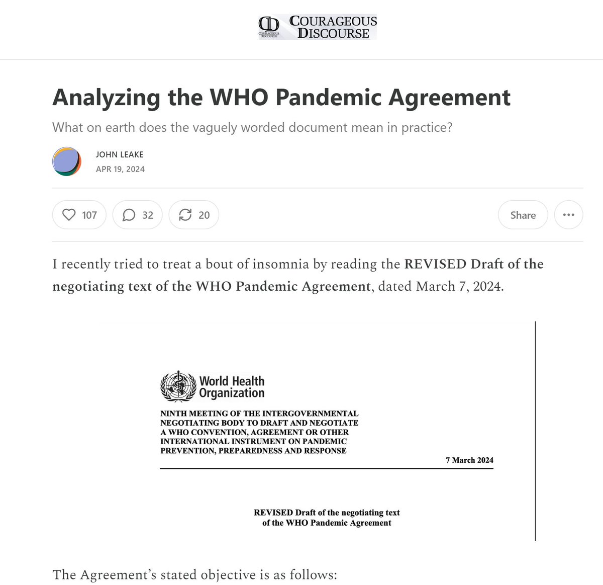 Leake on the @WHO Pandemic Treaty debacle. Specifically the document is a vague mess intended for @gatesfoundation seize power. @frankgaffney @sovcoalition @KLVeritas @MAHUMO20 @dansuternz @AndersonAfDMdEP @SenRonJohnson @NassMeryl open.substack.com/pub/petermccul…