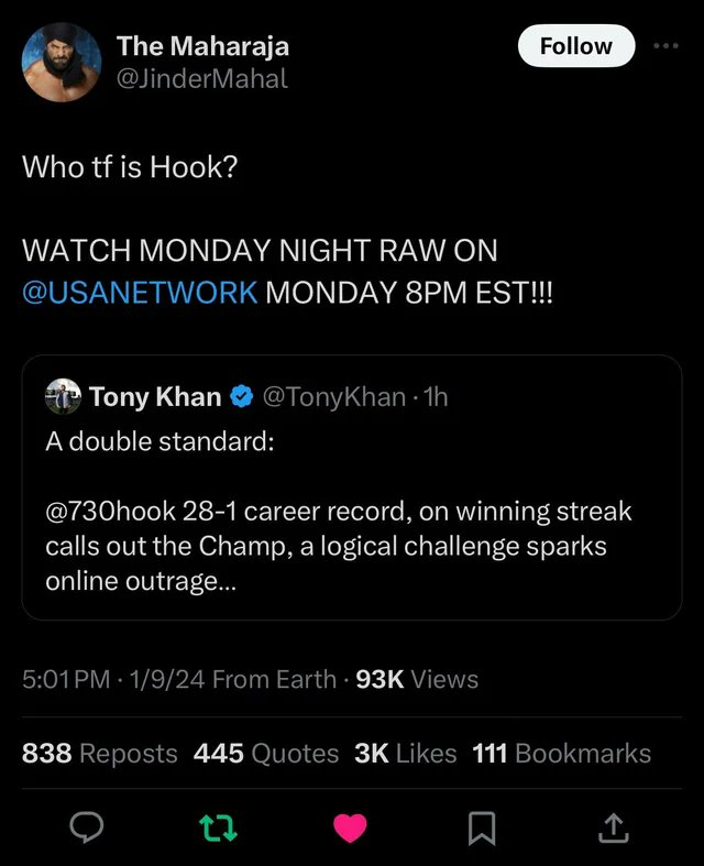 @InfamousBlanco WWE countered Hook getting a title shot against Joe on Dynamite with Jinder getting a title shot on RAW. People acted like Hook didnt deserve a shot.