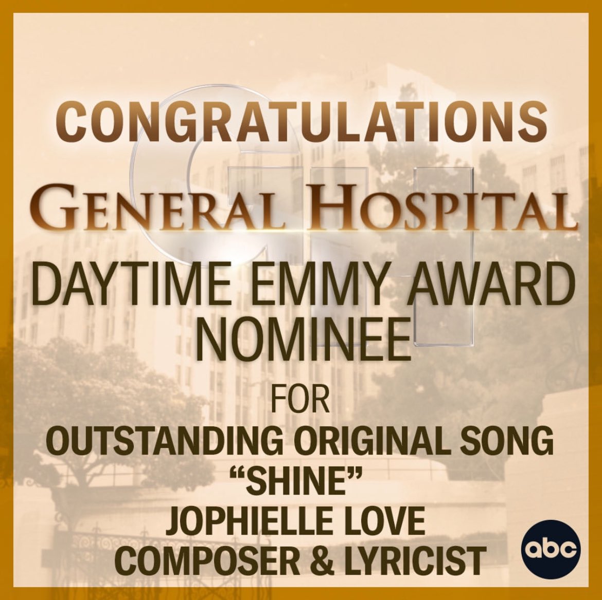 JophielleLove's tweet photo. OMG! My first song “Shine” got nominated for a Daytime Emmy!!! I am so excited ! Let’s celebrate team! @derek_w_dooms_music @douglasladnier @johnshartzer and of course @generalhospitalabc !!! Thanks to Frank Valentino to have made this sweet scene for me to sing my song! https://t.co/e5uDLhKaEU