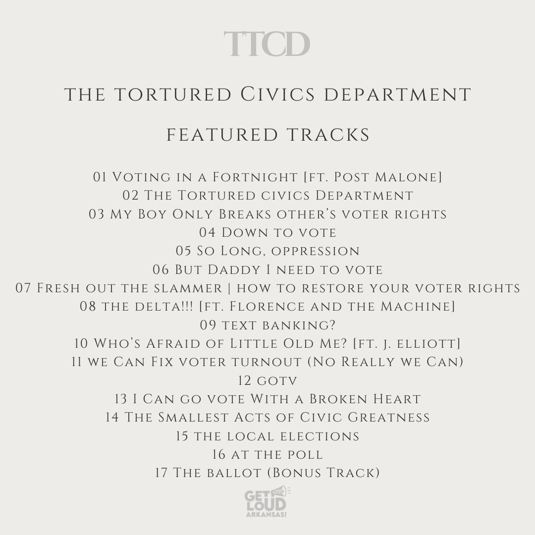 The Tortured Civics Department - a department that despite the adversity, continues to fight.

Voter registration form out now!

#ttpd #vote #govote #taylorswift #swiftie #arkansas #loml #arpx

<a href="/taylornation/">Taylor Nation</a>