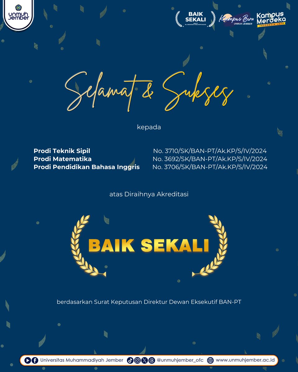 Alhamdulillah, Selamat! Prodi S1 Teknik Sipil, S1 Prodi Matematika, Prodi S1 Pendidikan Bahasa Inggris telah meraih akreditasi Baik Sekali 🤩

#unmuhjember #unmuhjemberaja #kampusbiru #jember #muhammadiyah #matematika #tekniksipil #bahasainggris