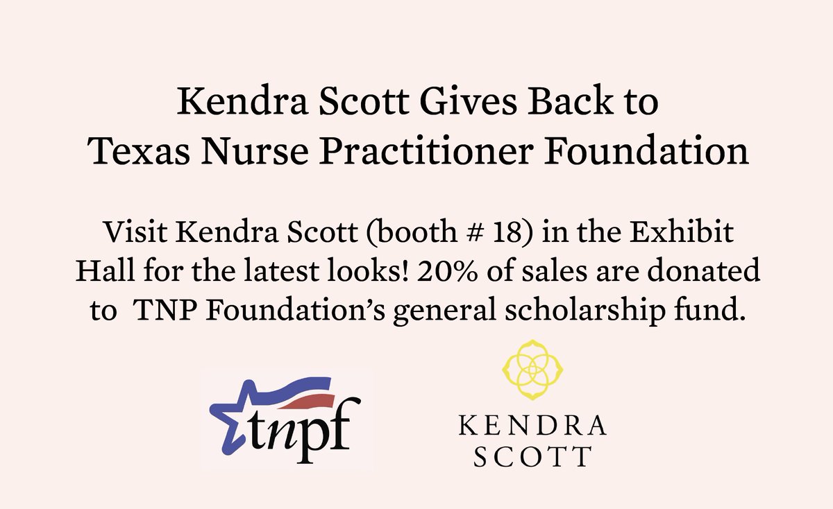 Kendra Scott Gives Back @ TNP’s Pharmacology Conference! Visit the Kendra Scott booth tomorrow to purchase your Texas NP engraved necklace, and 20% of your purchase goes to the TNP Foundation. #TNPF #TexasNPs #KendraScottGivesBack