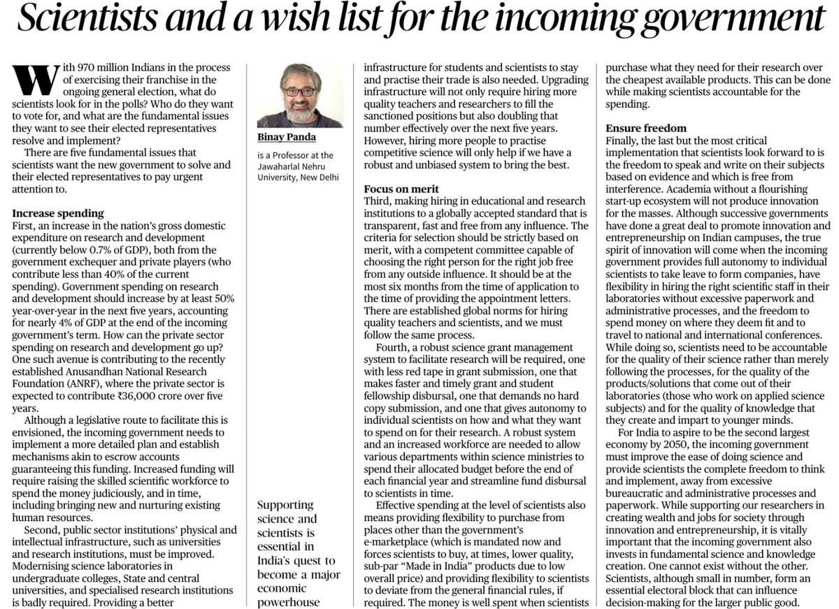 as #India embarks on the world's largest election, what shd the incoming govt do to make #India a #science powerhouse? my opinion in today's @the_hindu with 5 specific suggestions, incl 🔼r&d budget, to make this happen & to enable ease of doing science in the country.