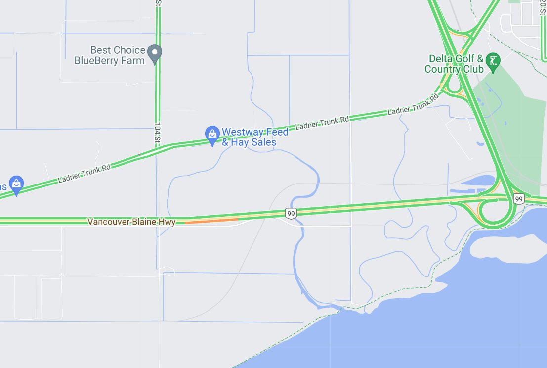 🚧🦺#BCHwy99 Construction work has the southbound left lane and the northbound right lane closed at the 112th St overpass until 5 pm Sunday. Watch for crews and traffic control. Expect delays. #DeltaBC drivebc.ca/mobile/pub/eve…