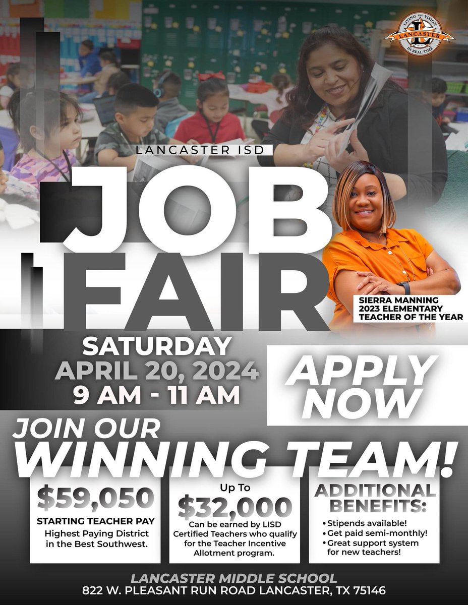 🐅❗️Tomorrow is the day! Make sure you arrive early! If you have not registered for our job fair, there is still time. Please visit Lancasterisd.org/apply to complete the job fair registration and we will see you soon! #JobFair #JoinOurTeam