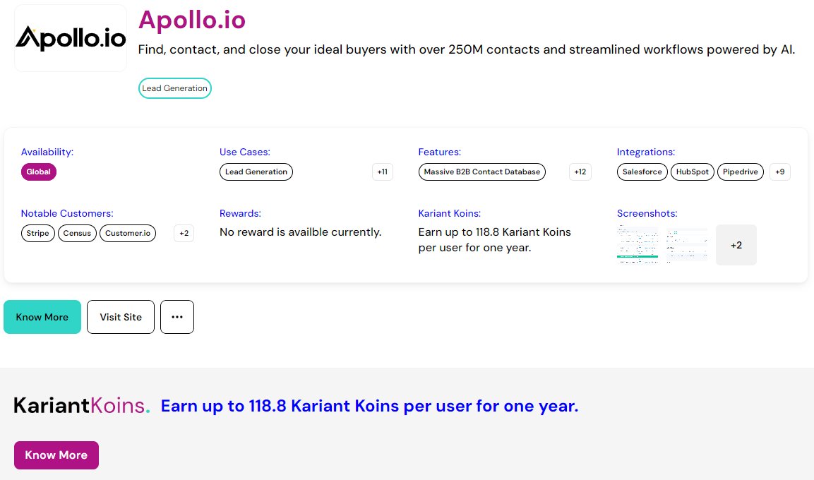 Apollo helps you find, contact, and close your ideal buyers with over 250M contacts and streamlined workflows powered by AI.

Earn up to $118.80  when you start using Apollo through Kariant.

Meet Apollo on Kariant -kariant.club/koins/apollo/r… 

#kariant #software