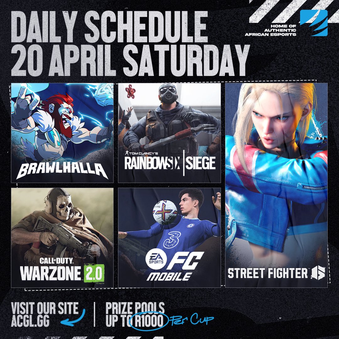 AfricanGaming's tweet photo. Online cups from 14h00 today:
π₯#StreetFighter6
πͺ #Warzone2
β#R6Siege
π₯#Brawlhala
β½#FCMobile
π° Up to R1,000 cash per cup.
π Register for free: https://t.co/QNoe4zW4E9
#FortniteZA #BrawlZA #WarzoneZA #FGCZA #AfricanEsports #esportsZA #esports https://t.co/jTTvwZRRAT