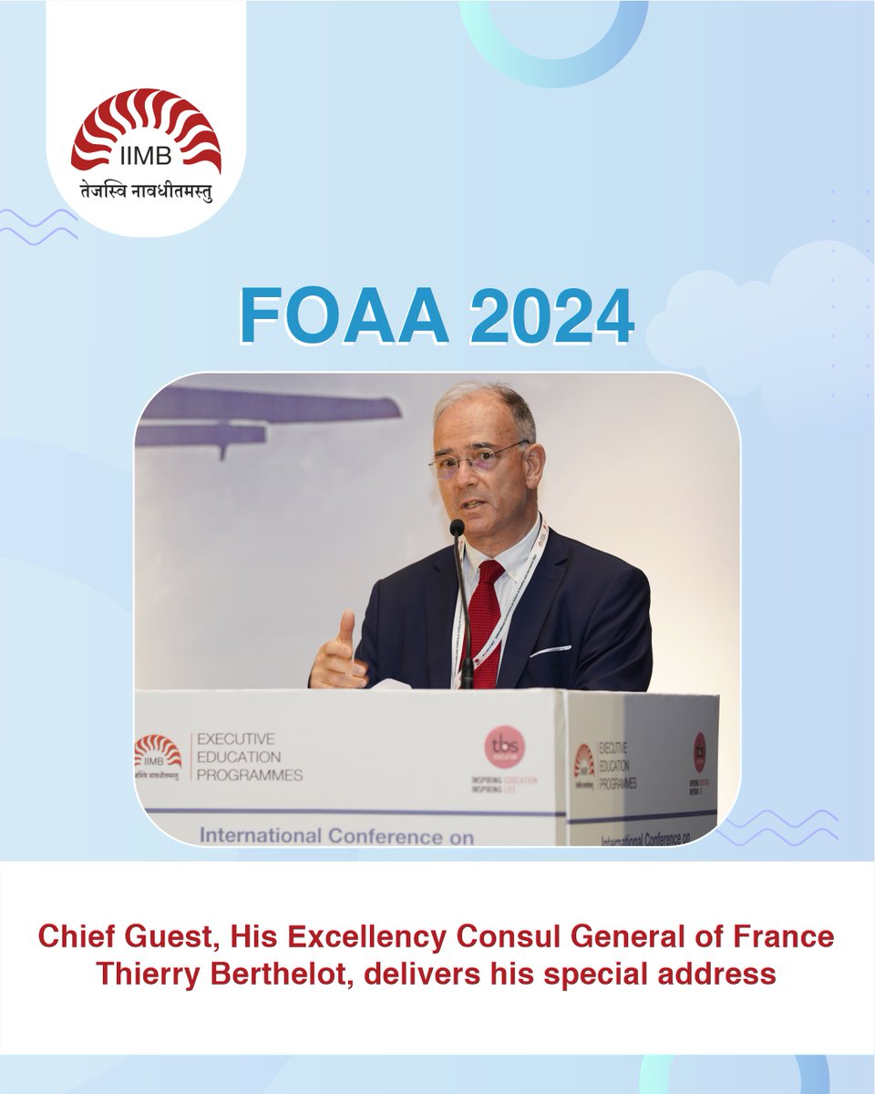 He described the #Conference as a very good initiative and said the fact that it is happening every year since 2017 shows its relevance and value to the industry. “#Aviation is a key element in the strategic partnership between India and France” #Aerospace #IIMBangalore #FOAA2024