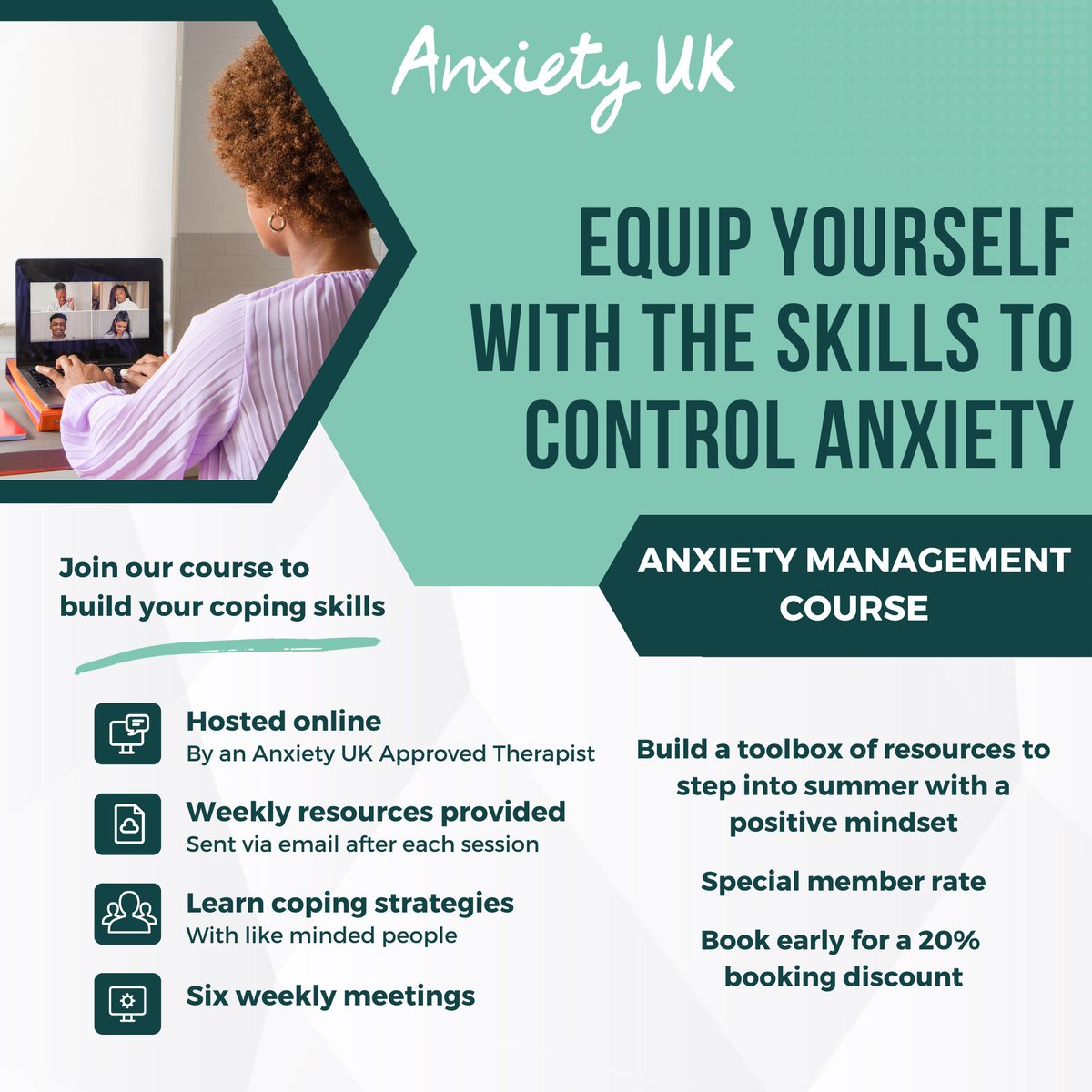 Learn coping strategies and connect with like-minded individuals who get it, on one of our next Anxiety Management courses! For more information, see here: anxietyuk.org.uk/products/uncat… #anxietymanagement #therapistledcourse