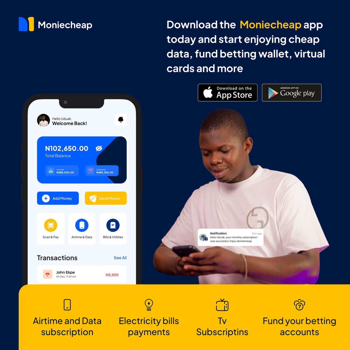 Just got 4GB for NGN 570 from @moniecheap! Moniecheap operates just like free Facebook without using data and allows you to pay for utility bills hassle-free. Plus, the first 200 users to pay for a utility service will receive NGN 10,000.00 in their wallet immediately. To get