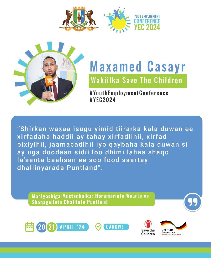 AbdikaniArahman's tweet photo. "Shirkan waxaa isugu yimid tiirarka kala duwan ee xirfadaha haddii ay tahay xirfadlihii, xirfad bixiyihii, jaamacadihii iyo qaybaha kala duwan si ay uga doodaan sidii loo dhimi lahaa shaqo la'aanta  dhallinyarada Puntland."

Maxamed Casayr, Wakiilka Save The Children.
#PLYEC2024. https://t.co/ydMVWE1SpY