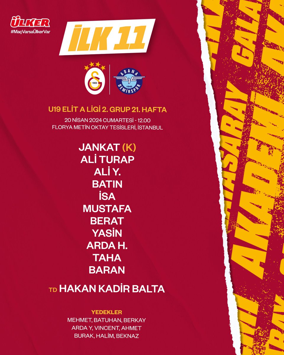 Y. Adana Demirspor U19 maçı ilk 11'imiz ve yedeklerimiz 👇 #MaçVarsaÜlkerVar | @Ulker
