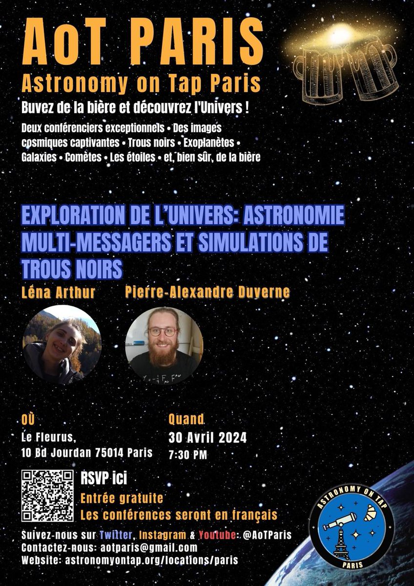 AoTParis's tweet photo. Dear all, bonjour and happy Saturday! The next Astronomy on Tap takes place on 30 April and it will be our first event in French! The theme: trous noirs! Venez nombreuses et nombreux !!! 🕳️✨🔭 https://t.co/qIABfV0eAc