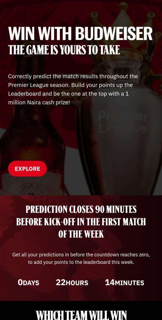 Are you good at predicting matches correctly?

Visit budweiserfootballpredictor.com sign up, predict games and be a millionaire. #YoursToTake