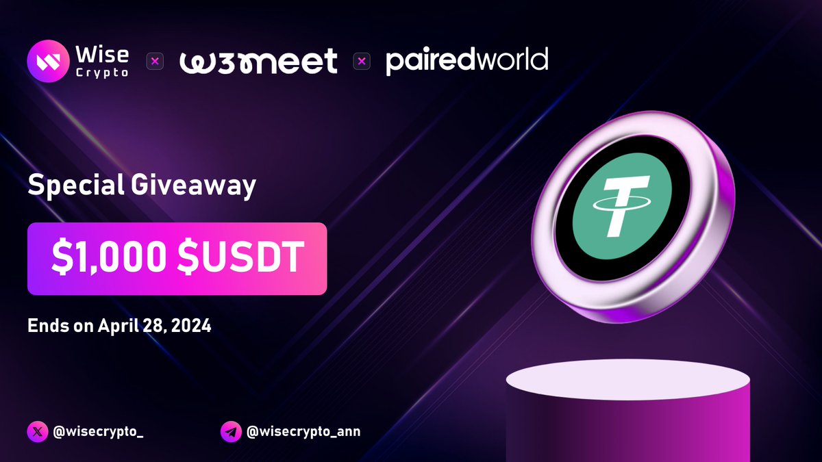 WiseCrypto_'s tweet photo. 🥳 Wise Crypto x w3meet #Giveaway

🏆 Prize Pool - $1,000 $USDT

To Enter
✅ Follow @w3meetapp &amp; @PairedWorld
✅ RT &amp; Tag 3 Friends
✅ Complete #TaskOn https://t.co/E4Okrh3wDs

#Airdrop #Giveaways #Crypto #Airdrops #w3meet #WiseCrypto #BTC #AI #USDT #PAIRED $PAIRED https://t.co/fmG9dyM7Ve