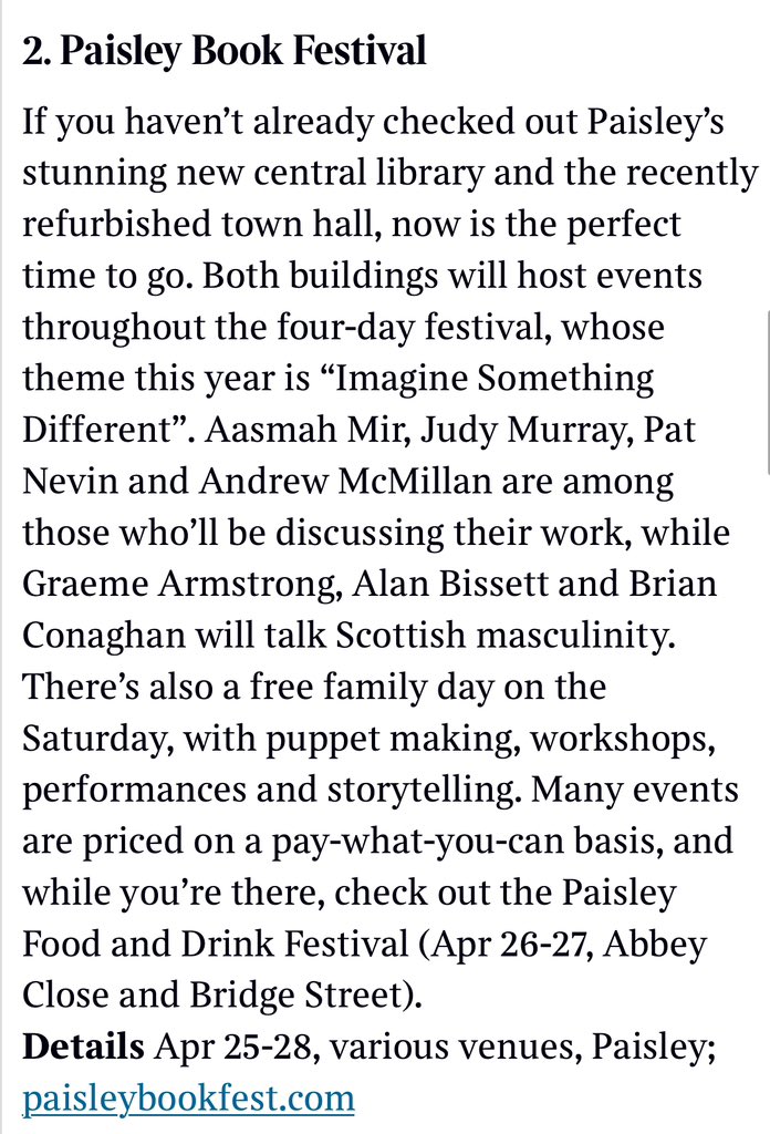 nice shoutout for @BookPaisley in today’s Times. Looking forward to being there next Friday evening paisleybookfest.com/programme/work…