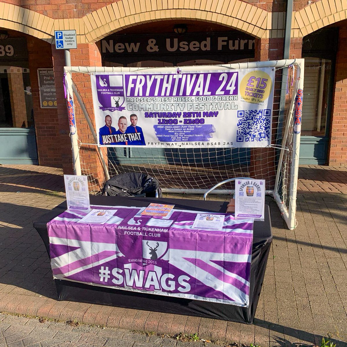 Our Swags Club Officials are already prepared for the local Farmers Market in Nailsea high street with the limited Early Bird tickets 🎟️ Come along, say hello and get your early bird tickets from us for Frythtival Festival! 💜 #swags @nailseapeeps