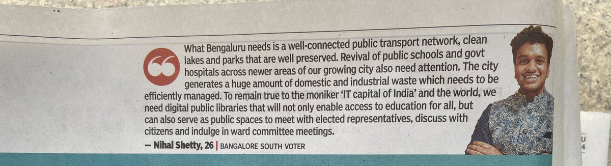 Grateful for the opportunity to share my views on #Bengaluru. Thank you @TOIBengaluru for featuring! #CitizenCentricPlanning is the way ahead! I hope the next 5 years of governance can transform our city into a world class one @Tejasvi_Surya @PCMohanMP 🤝