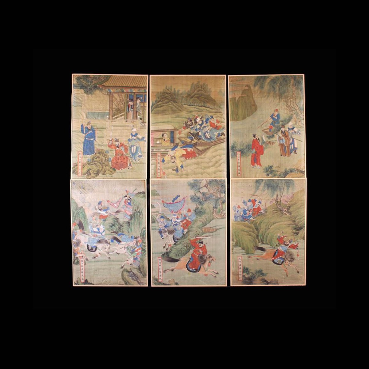Will you secure this in our Sale today? A Set of Six Antique Chinese Silk Allegorical Paintings: The narrative scenes illustrating the tale of the Three Kingdoms; each with a band of calligraphy lower left corner. Lot 201. #auction #onlineauction #auctionhouse #auctioneer