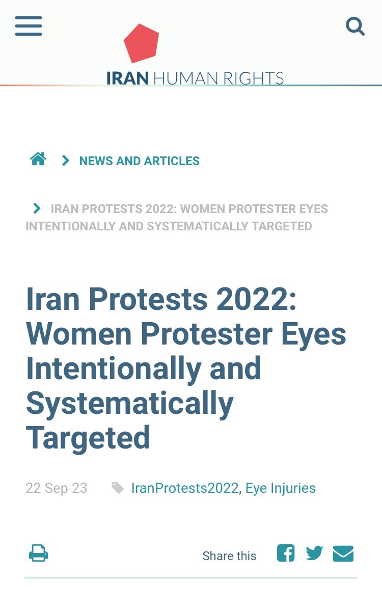 O Irão cega as suas mulheres.

Iran Human Rights (IHRNGO); September 16, 2023: Analysis of protester deaths and eye injuries during the “Woman, Life, Freedom” nationwide protests reveals that repressive forces intentionally and systematically targeted women’s eyes and faces.