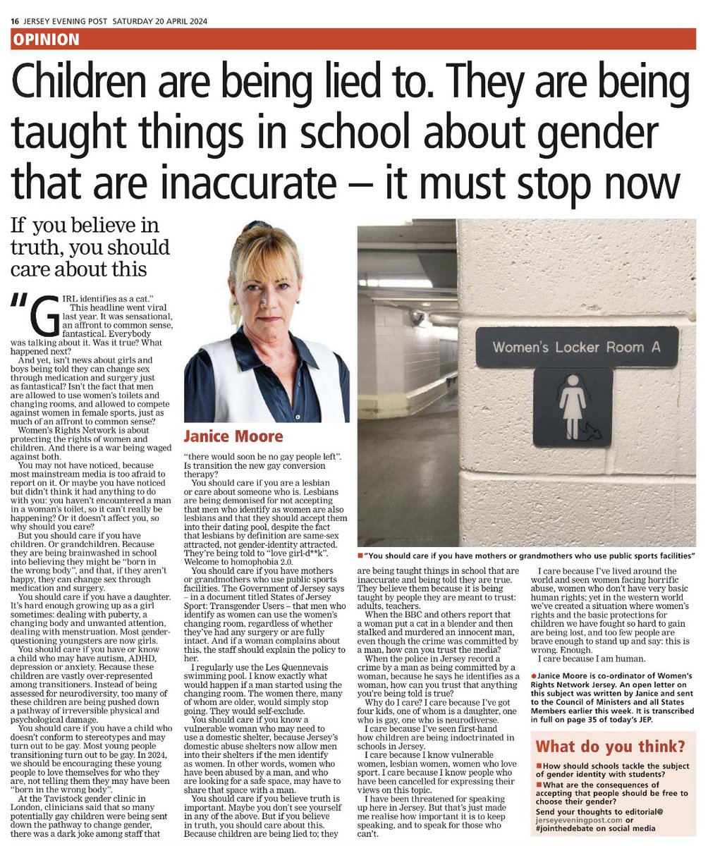 Why should you care?

We all have a reason to be concerned about gender ideology’s capture of government institutions and policy. 

Read today’s column in the Jersey Evening Post written by the coordinator of Women’s Rights Network Jersey. 👇👇