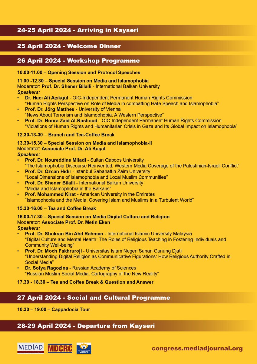 📢1st International Media, Digital Culture and Religion Congress Workshop Program. 📌26 Nisan 2024, 📌April 26th, 2024