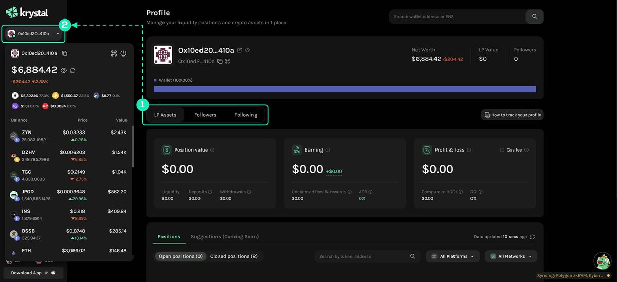 💻 WEB UI UPDATE 💻 To make it more convenient for Liquidity Providers, we've made some changes in our Web UI: 1⃣ Deprecated Portfolio Tab in Profile Page (used to be at position marked #1 in pic attached) 2⃣ Added token balances to the wallet drop down (marked #2 in pic)